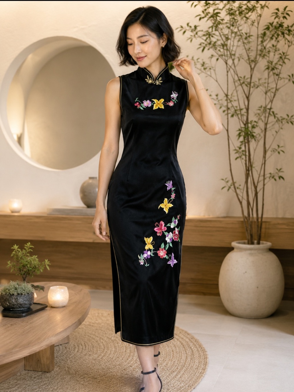 Beautiful Black Floral-Embroidered Mandarin Collar Midi Dress❤️XS